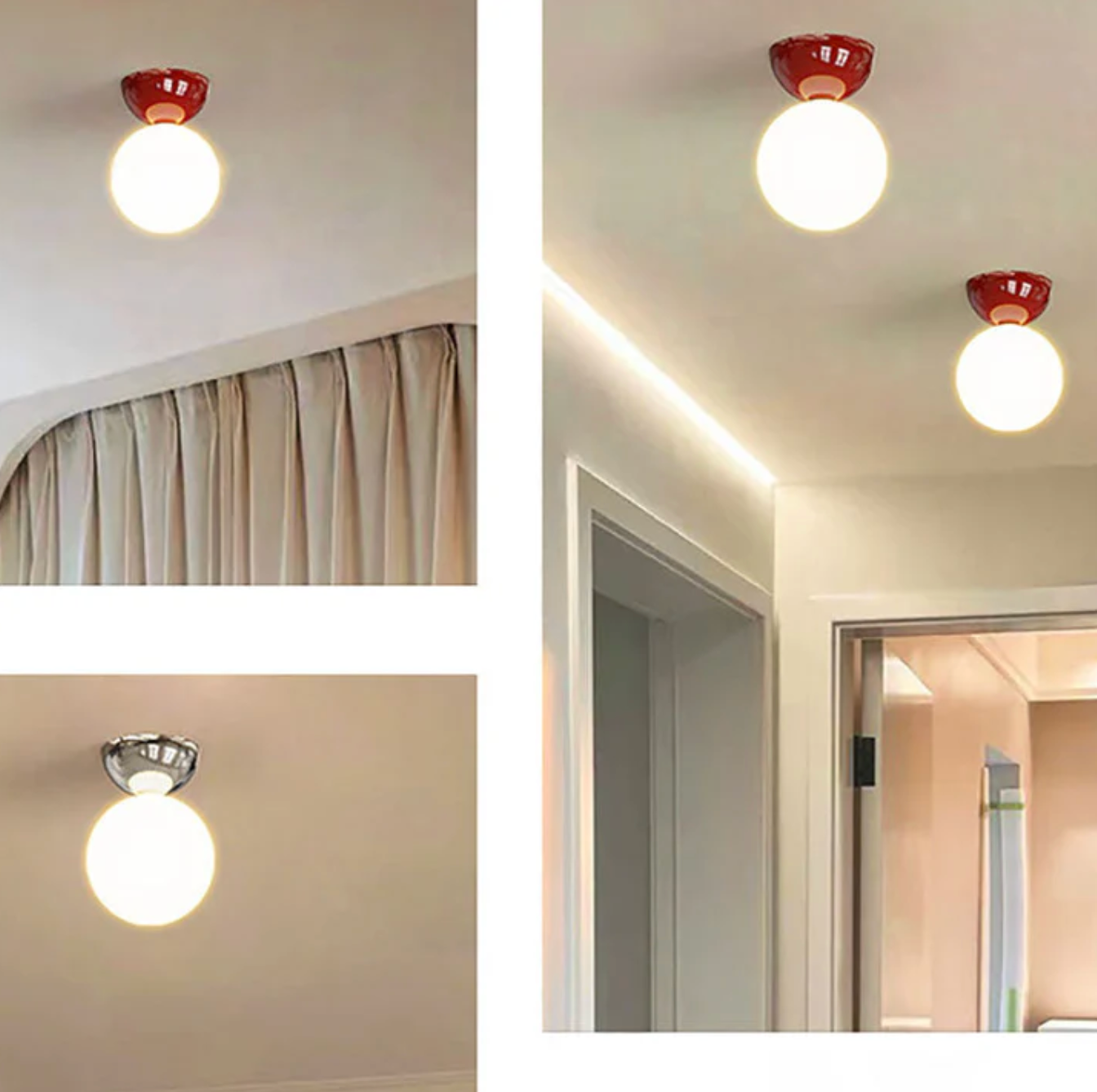 Kugleformet loftlampe med matteret glaskuppel og metalbund