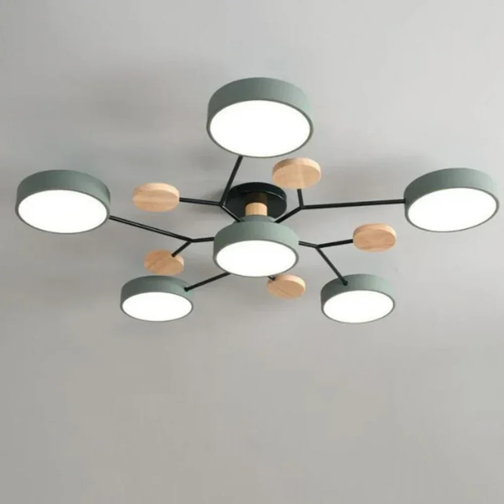 Moderne LED-loftlampe med flere arme og trædetaljer