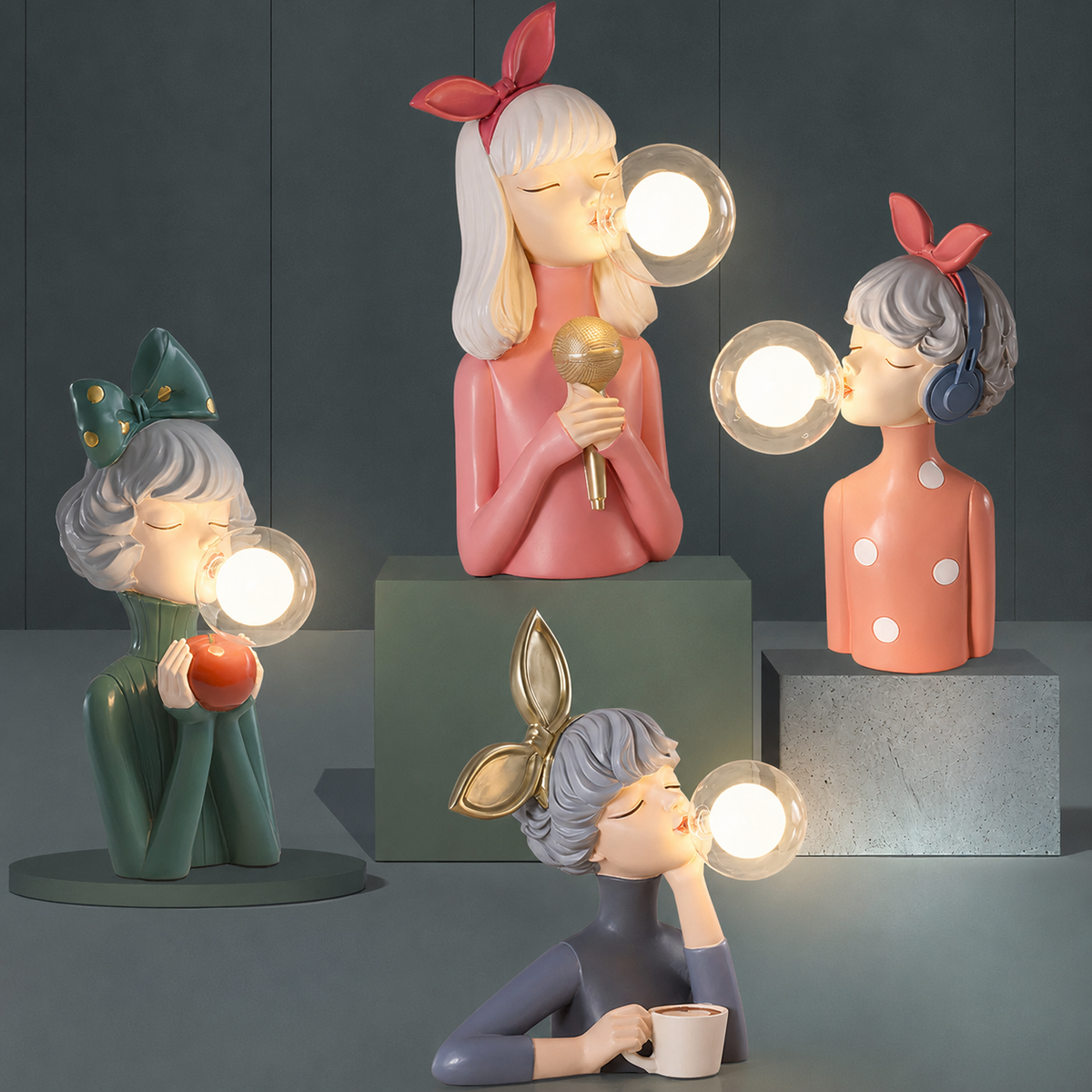 Dekorativ LED-bordlampe "pige med balloner" – designfigur til stue og kontor