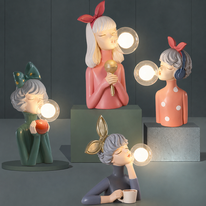 Dekorativ LED-bordlampe "pige med balloner" – designfigur til stue og kontor