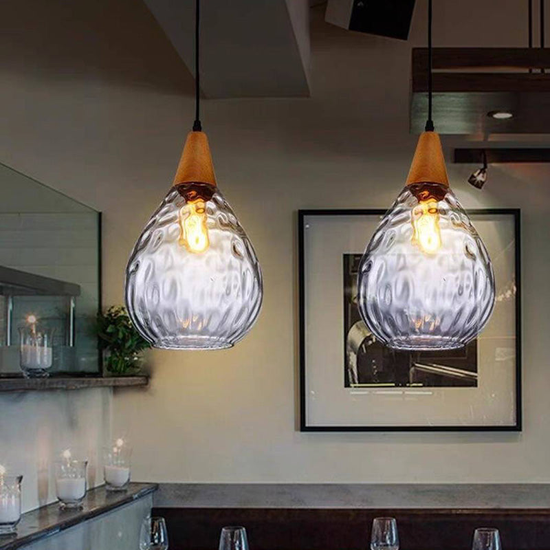 Pendel i dråbeformet riflet glas med trædetalje - Lumzi