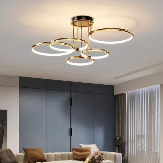 Moderne LED-lysekrone med ringe – loftlampe med geometrisk form