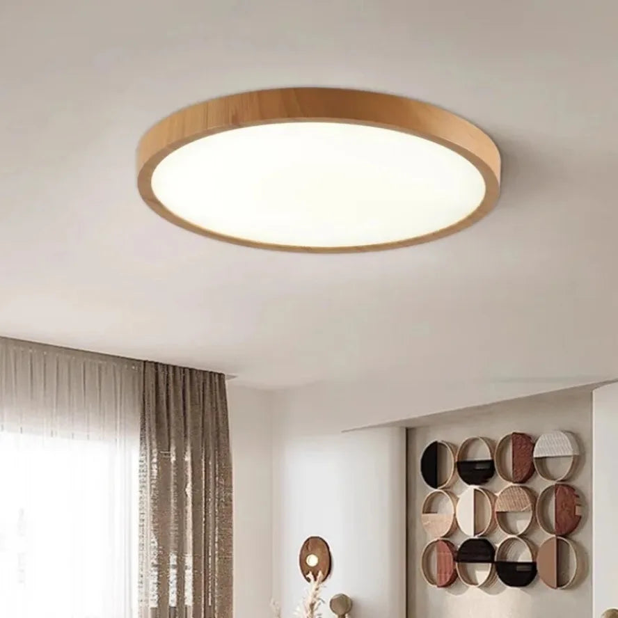 Rund LED-loftlampe med ramme i trælook