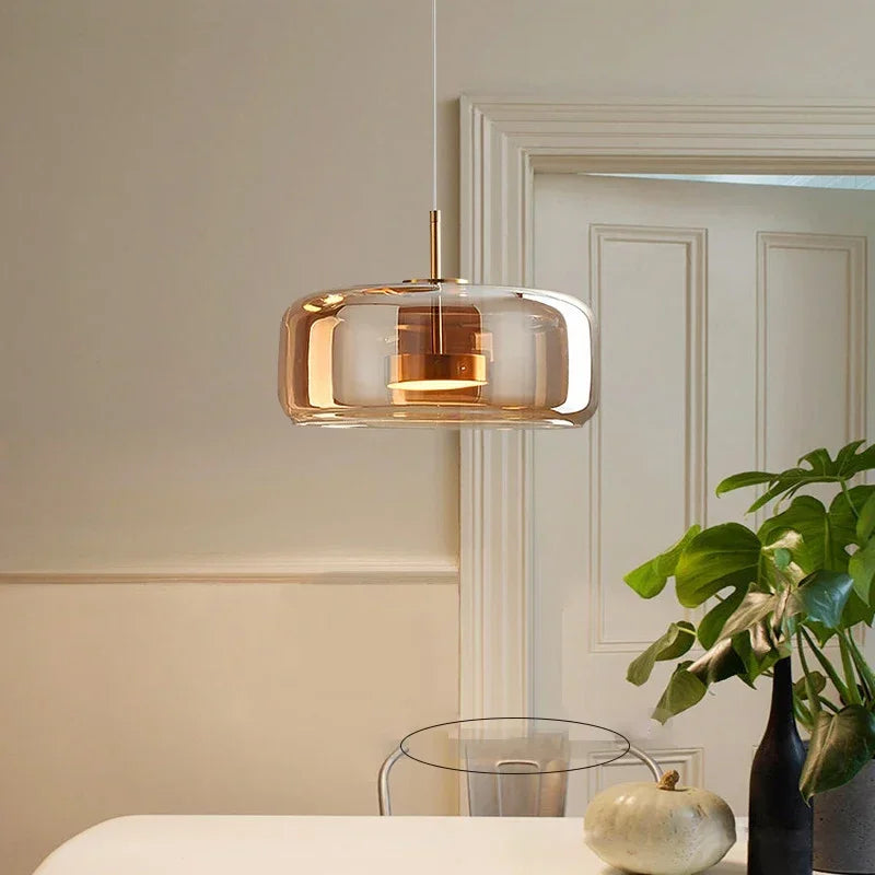 Moderne LED-pendellampe i glas med guldfinish