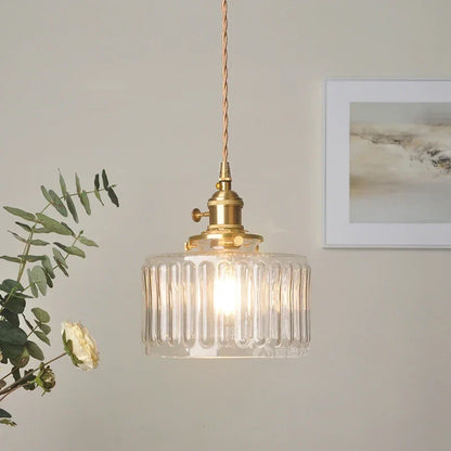 Vintage-pendellampe i riflet glas med guldfinish