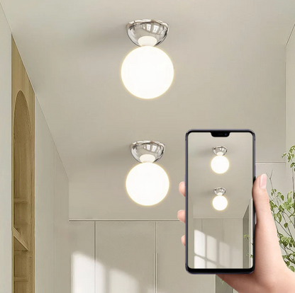 Kugleformet loftlampe med matteret glaskuppel og metalbund