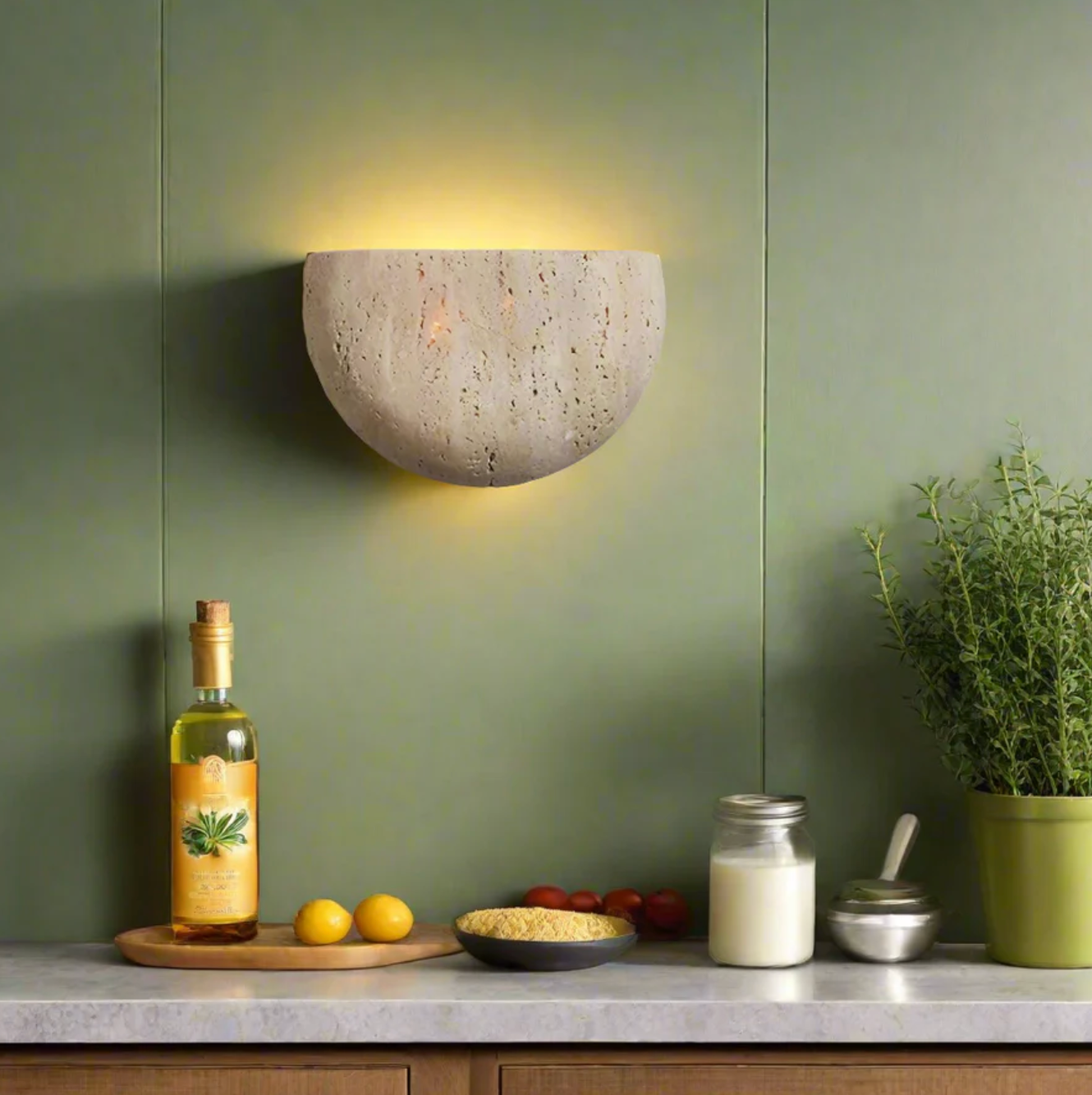 Væglampe i natursten – halvrundt design med LED