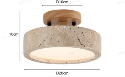 Minimalistisk loftlampe i travertin og træ