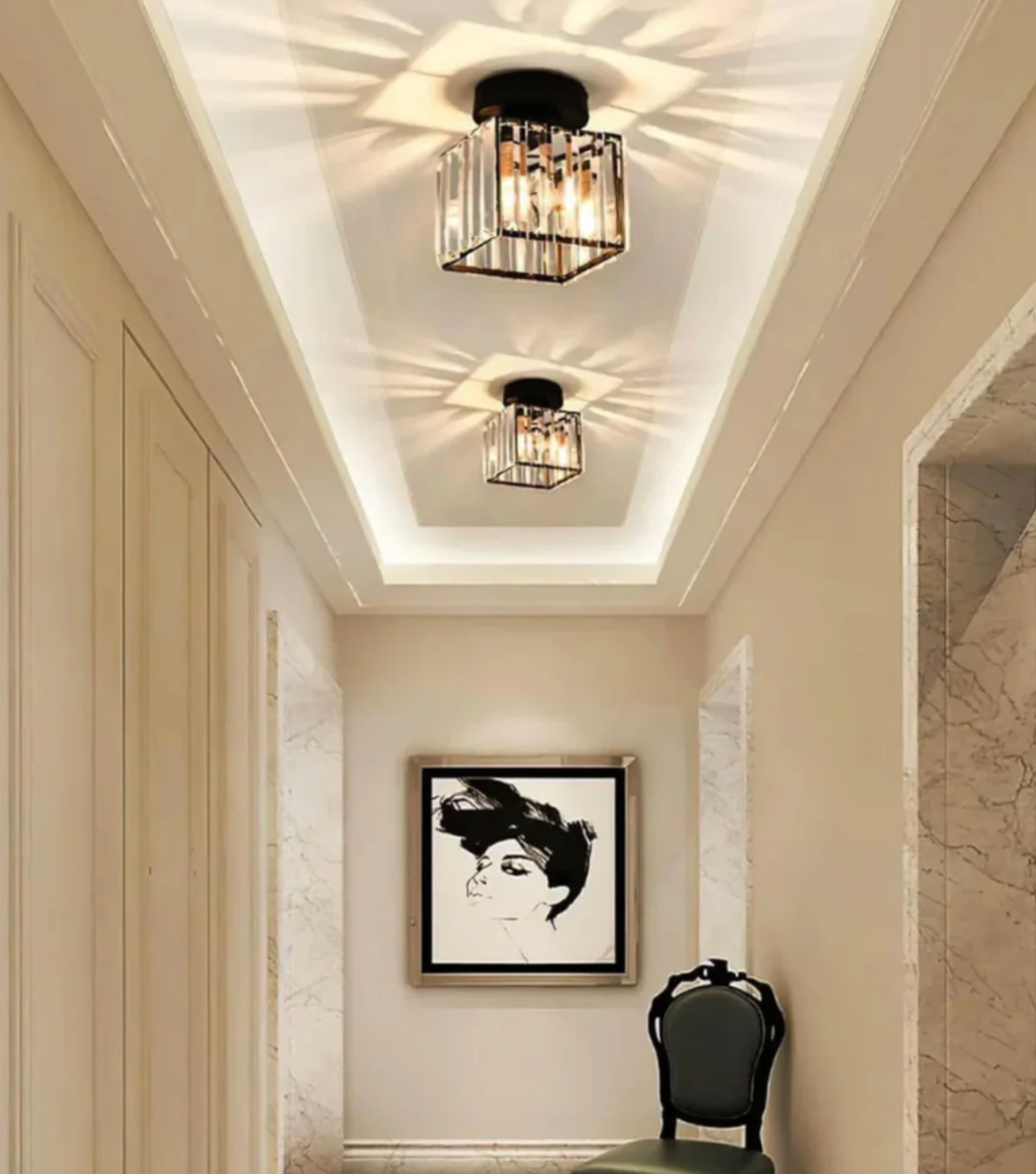 Krystal loftlampe i glamour-stil – moderne loftlampe med transparent skærm