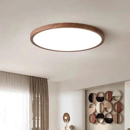 Rund LED-loftlampe med ramme i trælook