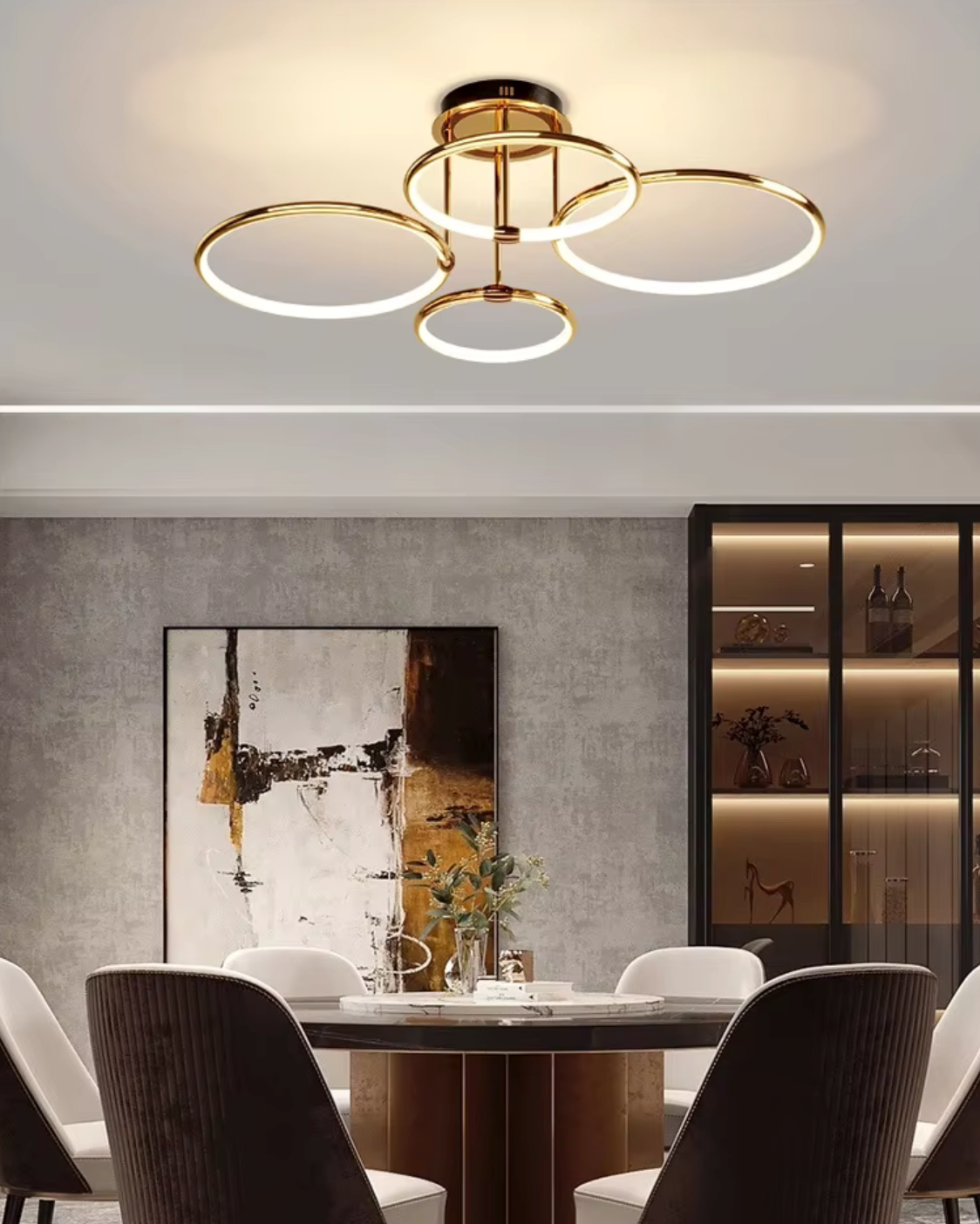 Moderne LED-lysekrone med ringe – loftlampe med geometrisk form