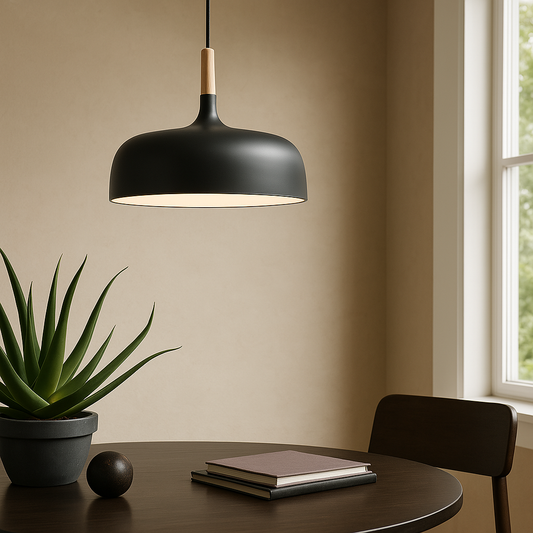 Moderne pendellampe i metal med trædetalje – minimalistisk skandinavisk stil