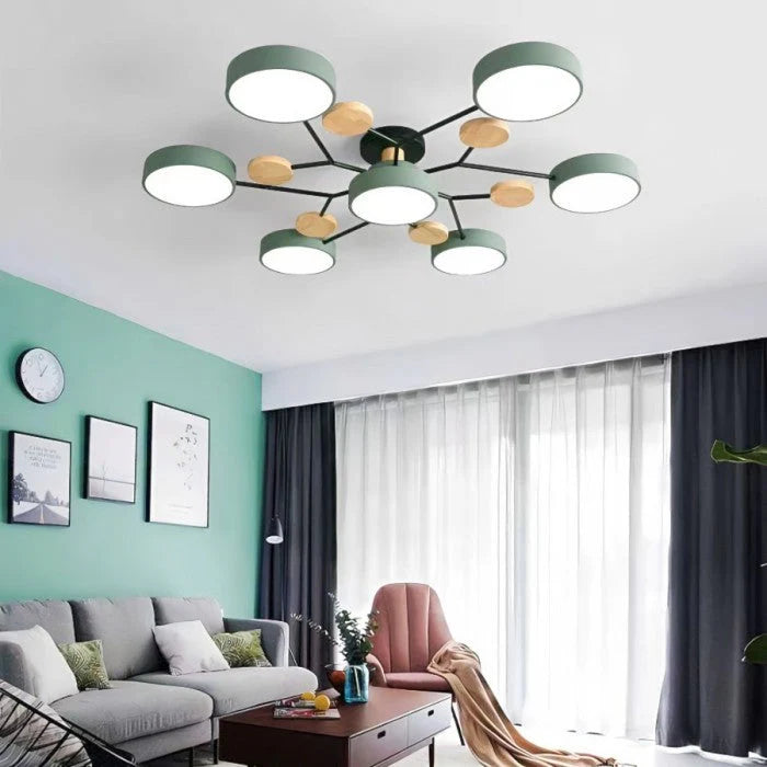 Moderne LED-loftlampe med flere arme og trædetaljer