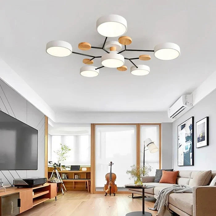 Moderne LED-loftlampe med flere arme og trædetaljer