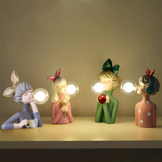 Dekorativ LED-bordlampe "pige med balloner" – designfigur til stue og kontor