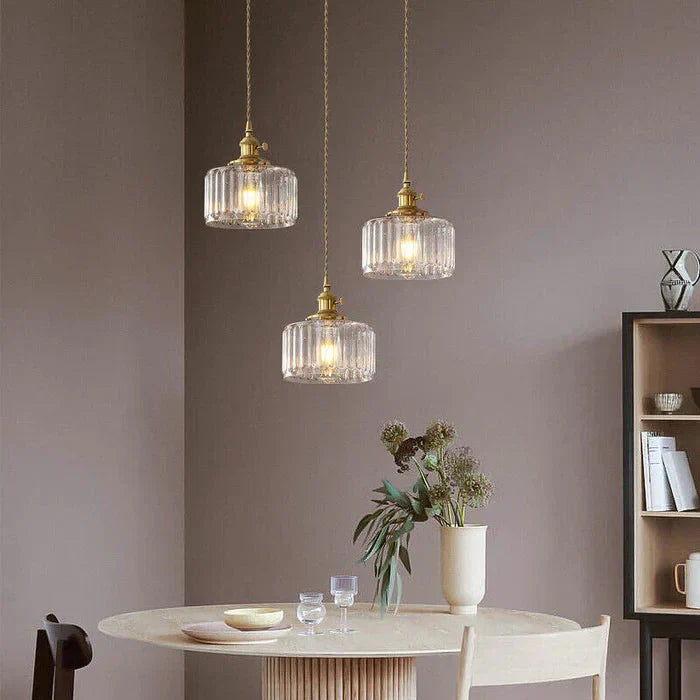 Vintage-pendellampe i riflet glas med guldfinish