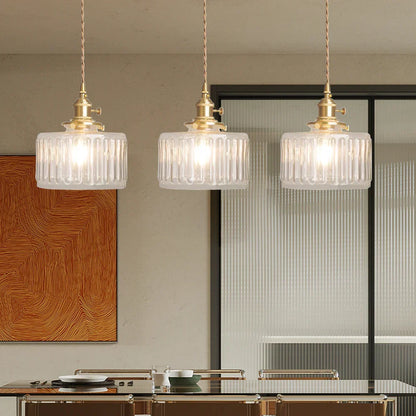 Vintage-pendellampe i riflet glas med guldfinish