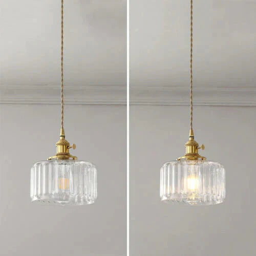 Vintage-pendellampe i riflet glas med guldfinish
