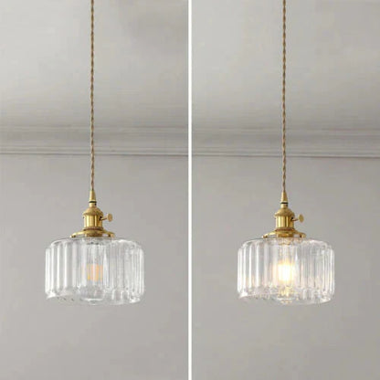 Vintage-pendellampe i riflet glas med guldfinish