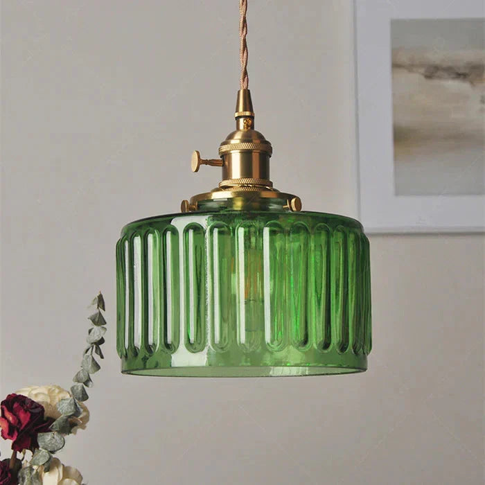 Vintage-pendellampe i riflet glas med guldfinish