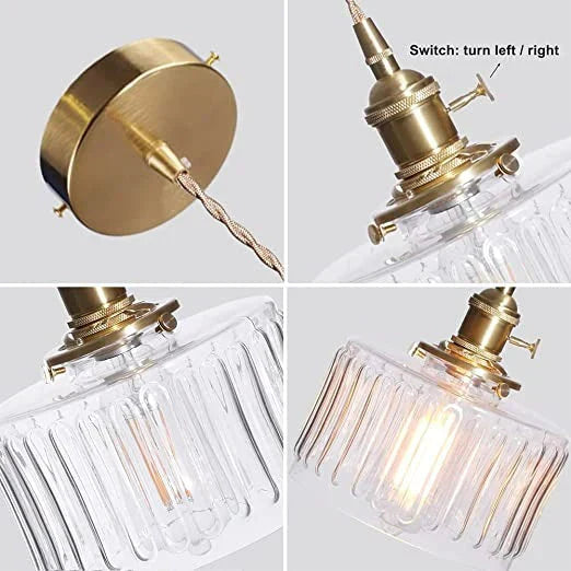 Vintage-pendellampe i riflet glas med guldfinish