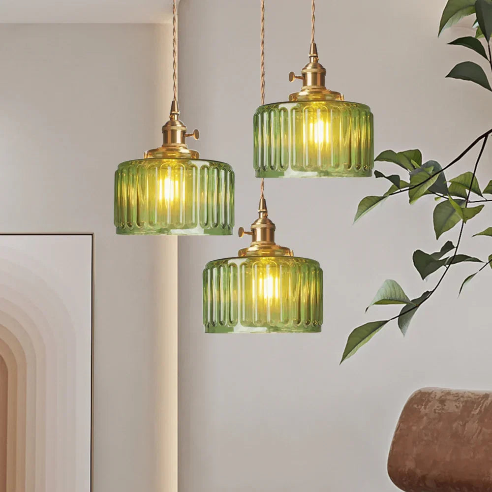 Vintage-pendellampe i riflet glas med guldfinish