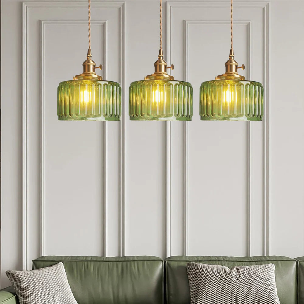 Vintage-pendellampe i riflet glas med guldfinish