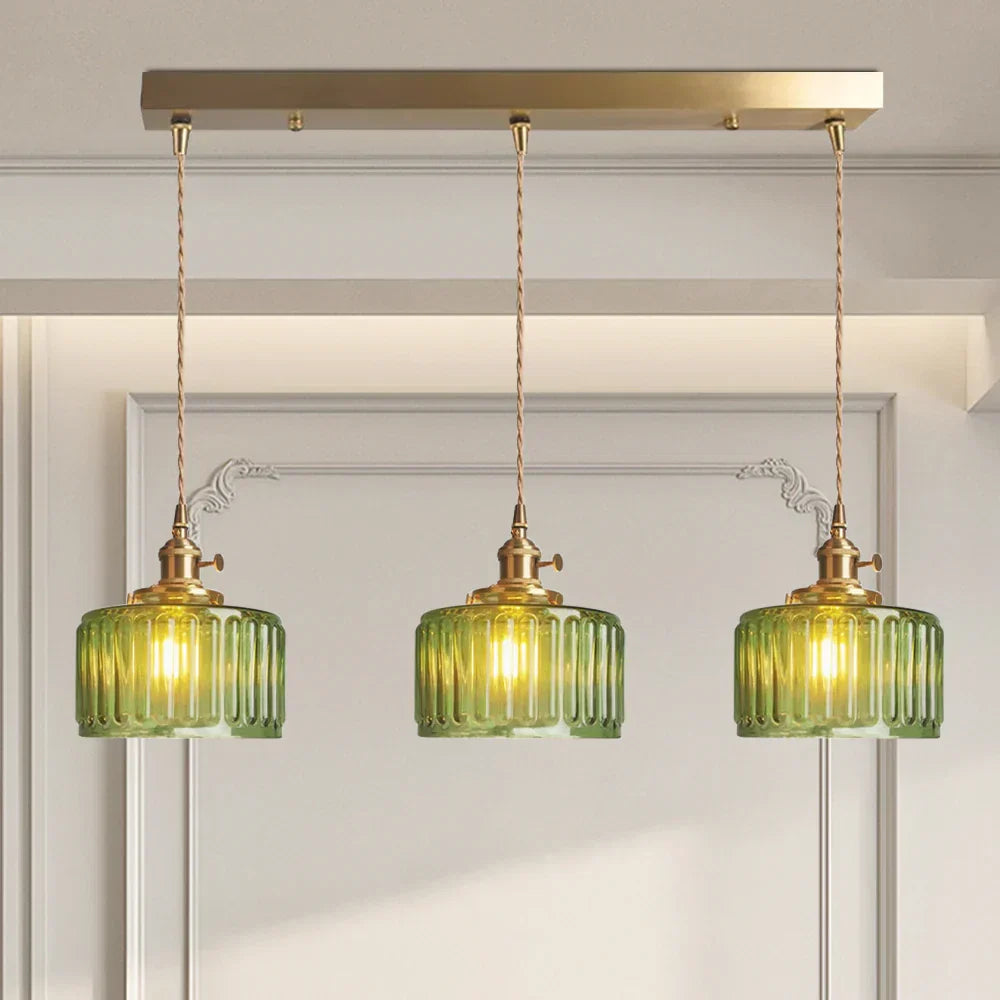 Vintage-pendellampe i riflet glas med guldfinish