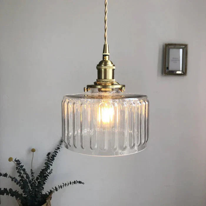 Vintage-pendellampe i riflet glas med guldfinish