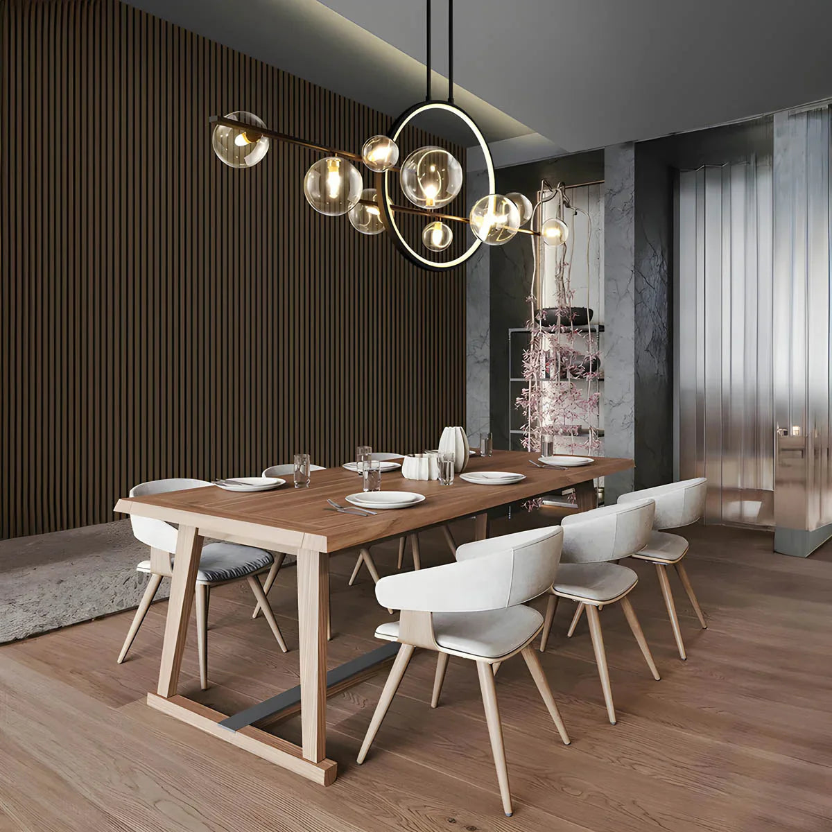 Moderne loftlampe med kugleformede skærme og geometrisk LED-ring