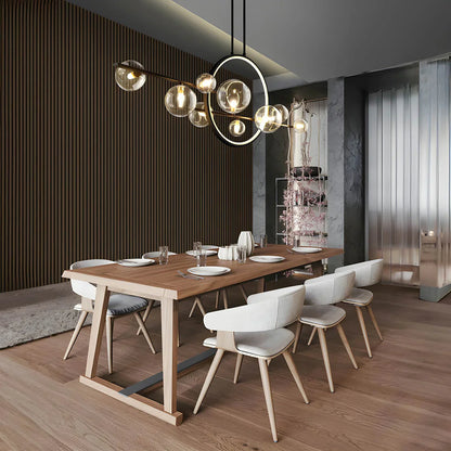 Moderne loftlampe med kugleformede skærme og geometrisk LED-ring