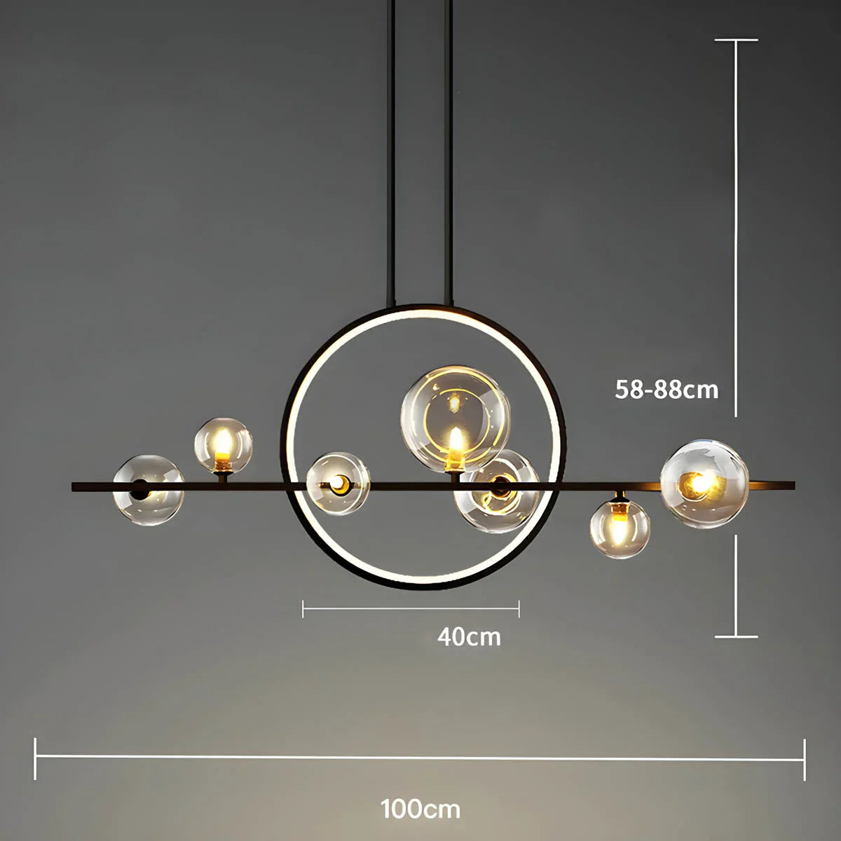 Moderne loftlampe med kugleformede skærme og geometrisk LED-ring