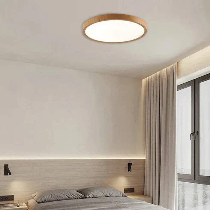 Rund LED-loftlampe med ramme i trælook