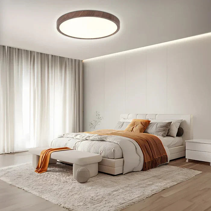 Rund LED-loftlampe med ramme i trælook