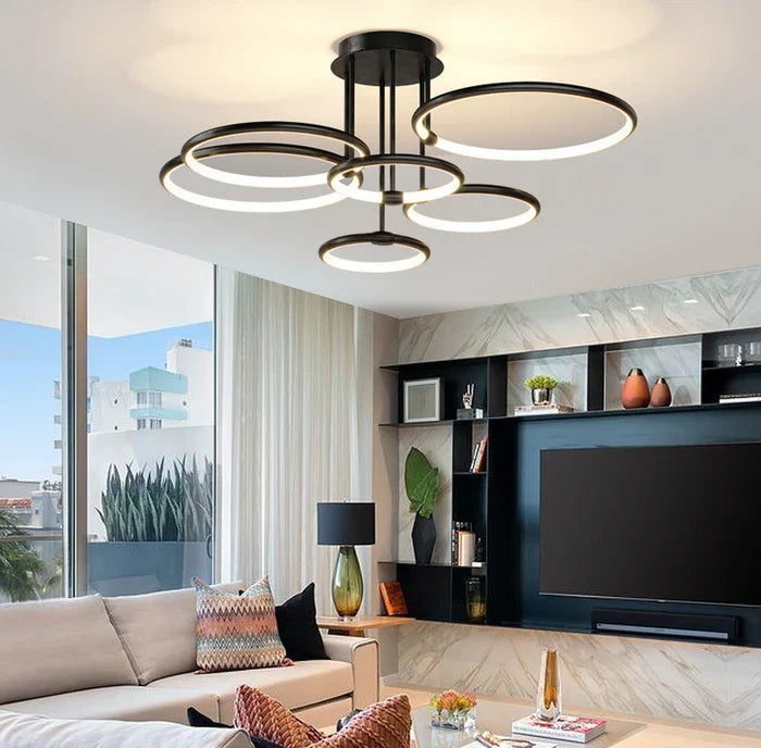 Moderne LED-lysekrone med ringe – loftlampe med geometrisk form
